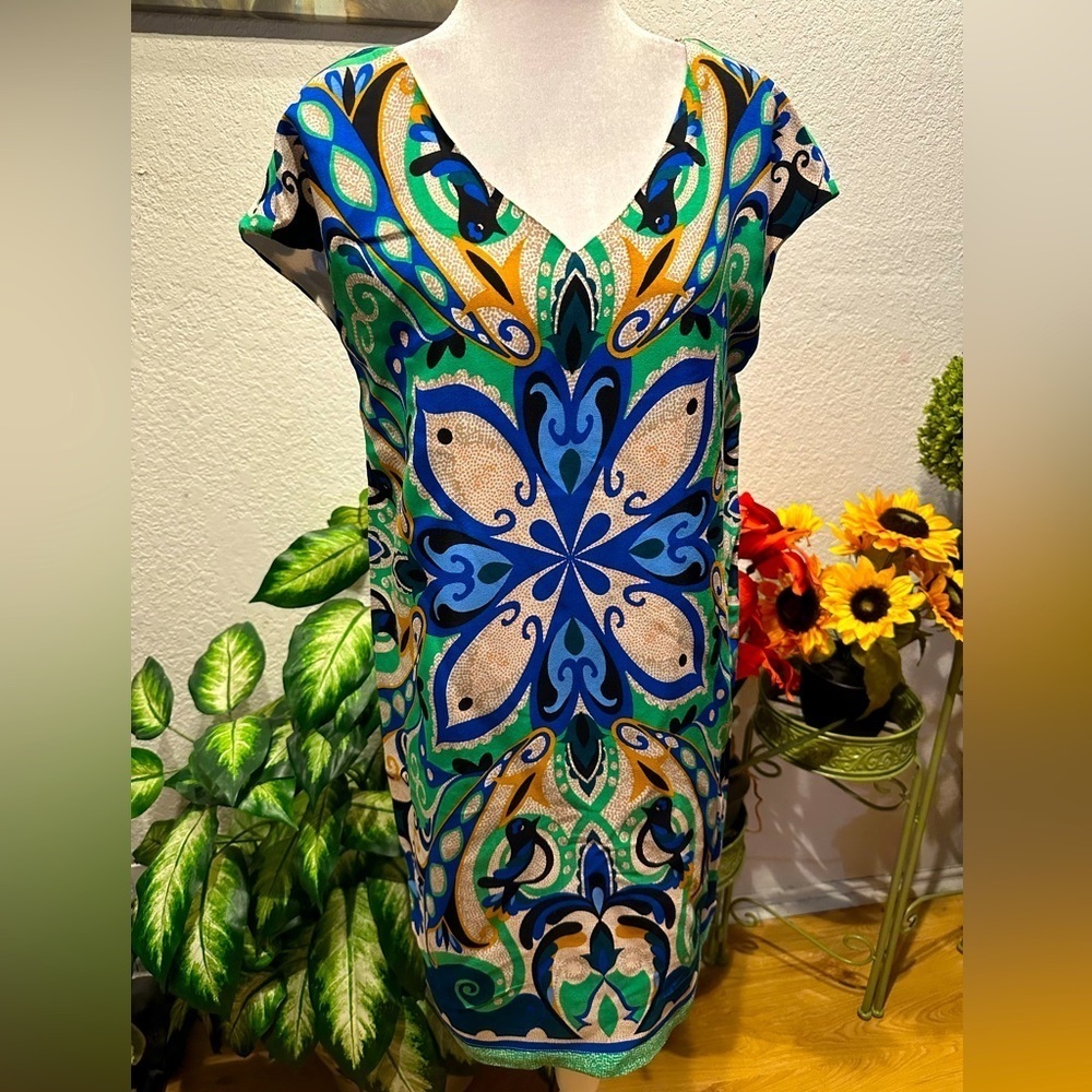 ANTHROPOLOGIE MAEVE BLUE GREEN FOLKSONG BIRD SHIFT DRESS XS